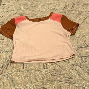 Tan, brown, pink cropped top